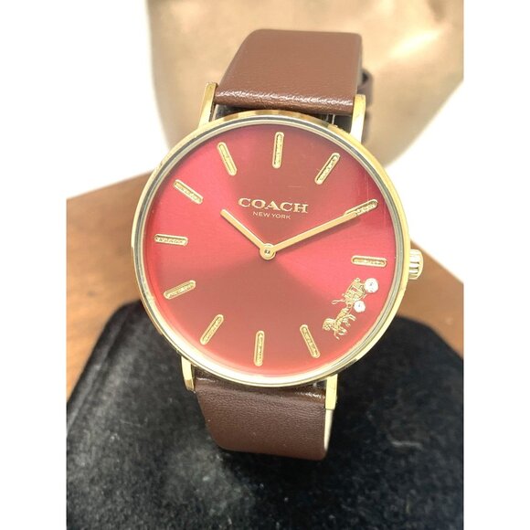 Coach Women's Watch 14503852 Perry Quartz Gold Red Dial Brown Leather Strap 36mm - Picture 1 of 14